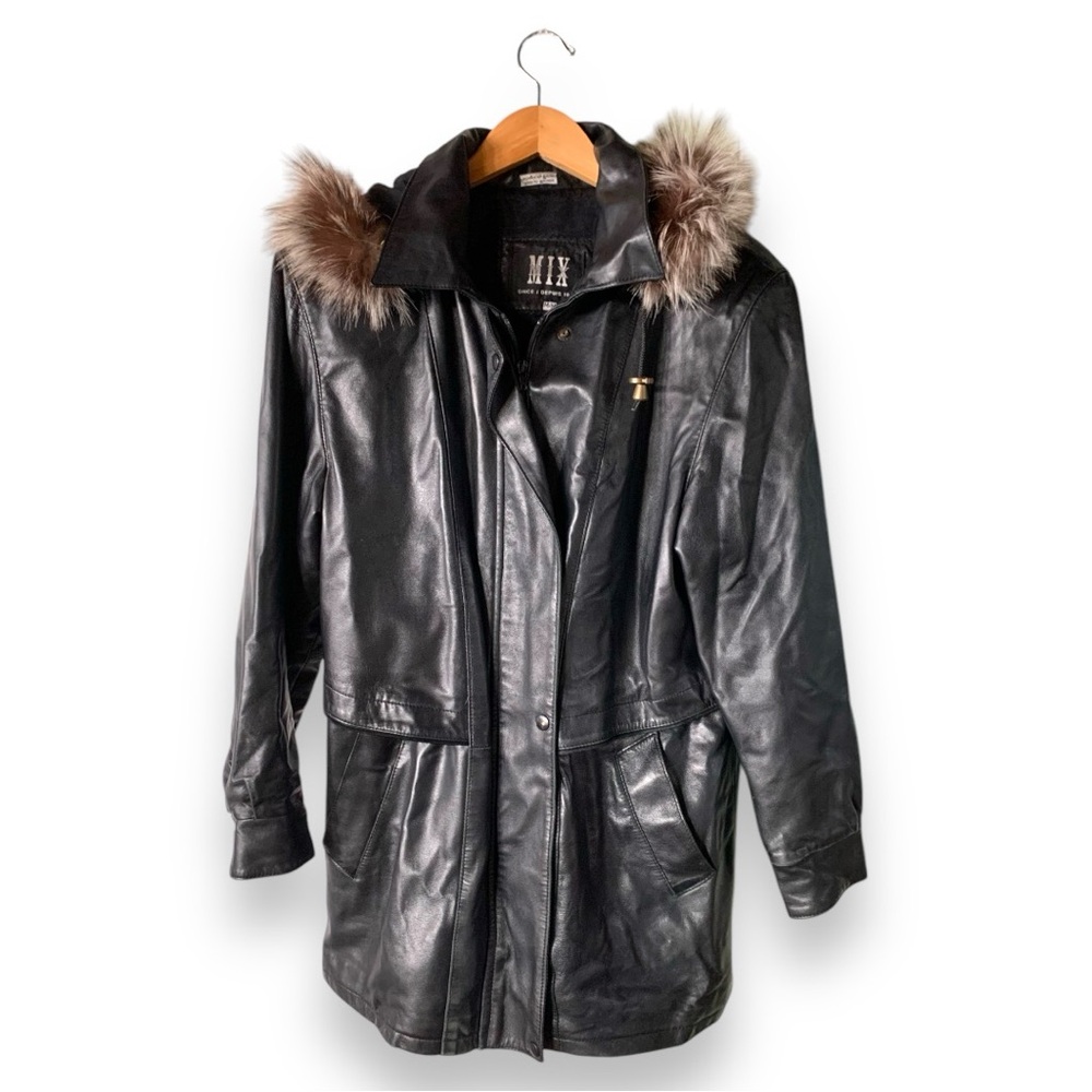 Lambskin Leather Anorak Coat Jacket Med Zip Off Faux Fur Hood EUC MIXMIX…